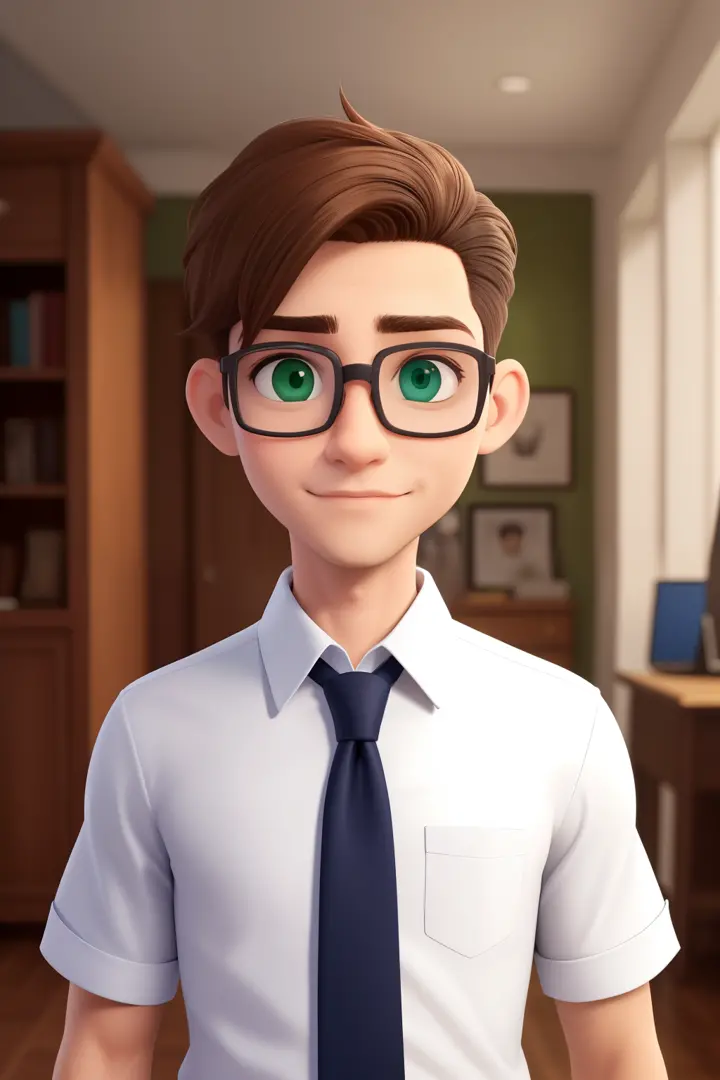 Um homem de 30 anos, com cabelos loiros claro curtos,face de diamante, olhar rigoroso, e olhos verdes, Wearing blue white shirt with tie and glasses.