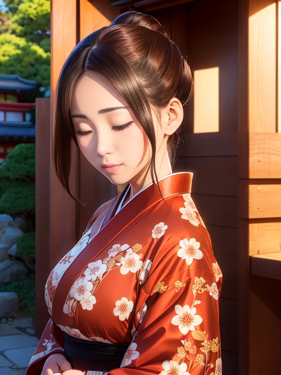 (New Year's scenery of Japan), ((In SFW)), Extreme face close-up,(Over Head Shot:1.2),1girl in,(Ultra detailed skin),Curve,,huge tit,pale skin,pointed breast,Highest image quality,Hyperrealist portrait,(8K),Ultra-realistic,Best Quality, High quality, High Definition, High quality texture,high detailing,Beautiful detailed,fine detailed,extremely details CG,Detailed texture,realistic representation of face,masutepiece,presence,Dynamic,(super thin hair),(ultra soft hair),(ultra straight hair:1.5),Swept long bangs,Extra bright coppery amber hair,Hair over one eye, (Reddish blush), Woman in Kimono:1.5, ((Eyes closed)), ((put your palms together in front of your face)), A woman wearing a kimono and standing bare skin, (kimono with embroidery), ((Cute kimono)), ((hair rolled up with hairpins)), Kadomatsu City, Komainu, Red tori gates, large company, Customers praying, gorgeous new year decorations, large company decorated with gold leaf, At the shrine shining in the morning sun
