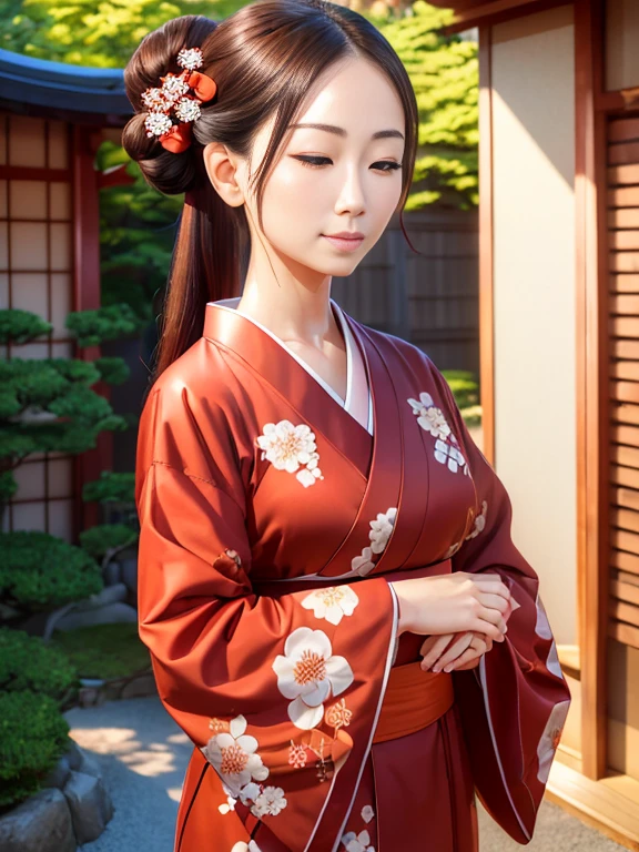 (New Year's scenery of Japan), ((In SFW)), Extreme face close-up,(Over Head Shot:1.2),1girl in,(Ultra detailed skin),Curve,Petite,huge tit,pale skin,pointed breast,Highest image quality,Hyperrealist portrait,(8K),Ultra-realistic,Best Quality, High quality, High Definition, High quality texture,high detailing,Beautiful detailed,fine detailed,extremely details CG,Detailed texture,realistic representation of face,masutepiece,presence,Dynamic,(super thin hair),(ultra soft hair),(ultra straight hair:1.5),Swept long bangs,Extra bright coppery amber hair,Hair over one eye, (Reddish blush), Woman in Kimono:1.5, ((Eyes closed)), ((put your palms together in front of your face)), A woman wearing a kimono and standing bare skin, (kimono with embroidery), ((Cute kimono)), ((hair rolled up with hairpins)), Kadomatsu City, Komainu, Red torii gate, large company, Customers praying, gorgeous new year decorations, 金箔装飾されたlarge company, At the shrine shining in the morning sun