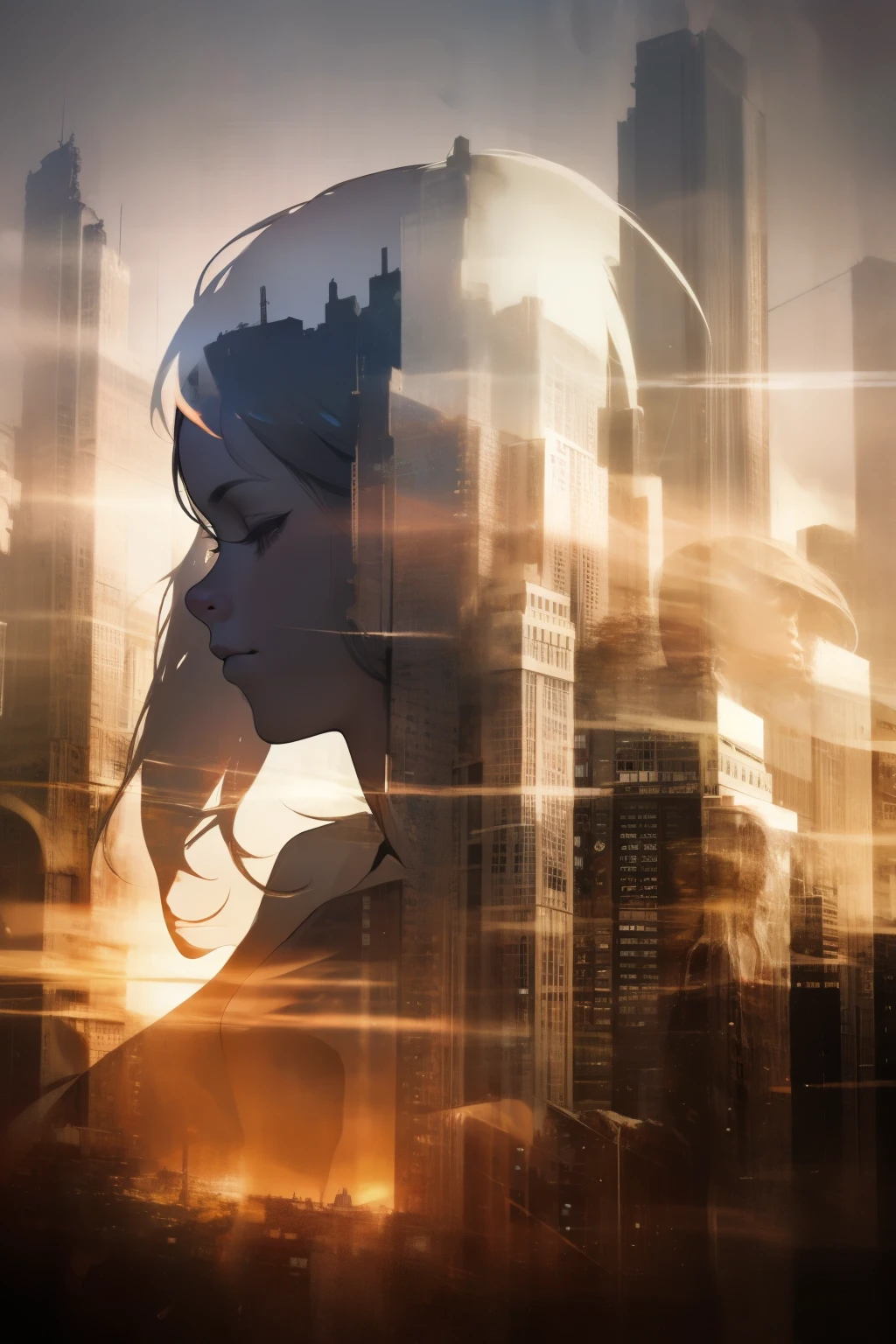 a praying girl, city in ruins, double exposure