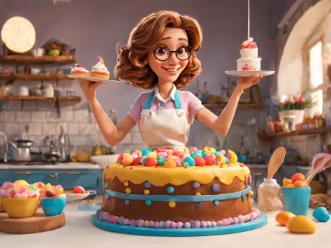 create a Disney Pixar inspired movie poster. The main focus is a sweet 38-year-old woman, with light brown hair and big brown eyes, a bright smile and a very feminine outfit. The scene must be in the Pixar digital art style. 8k poster, ultra detailed, beau...