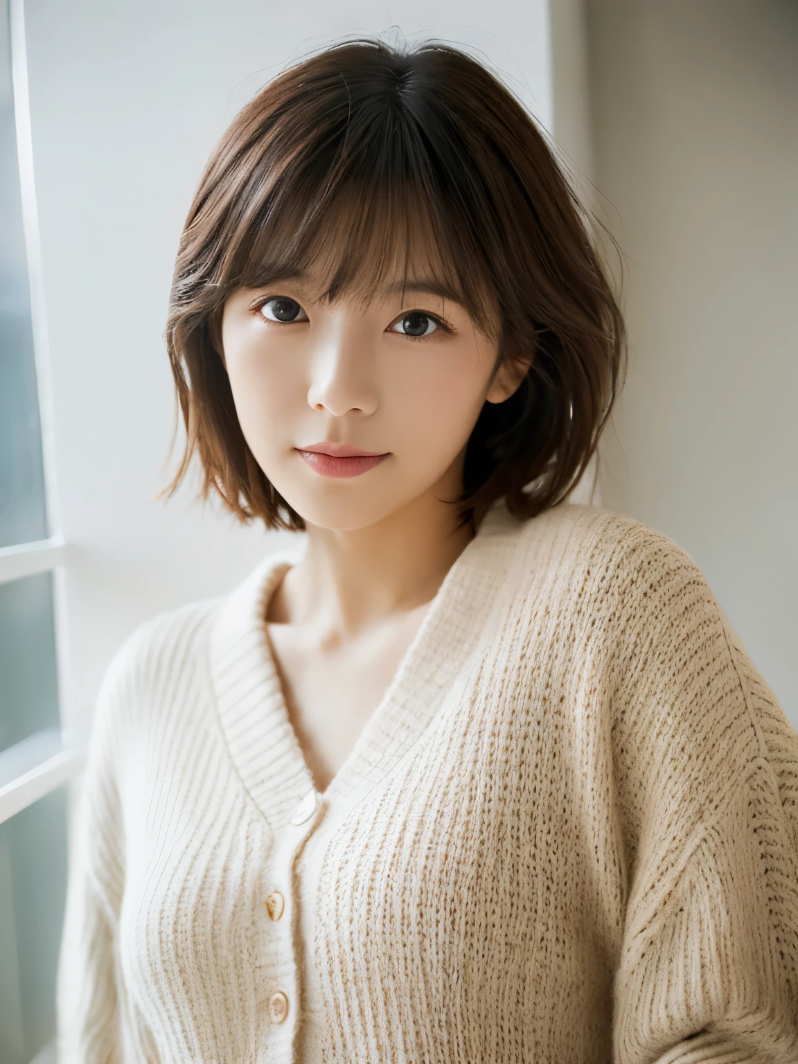 ((masutepiece,top-quality)), (photographrealistic:1.4),((masutepiece,8K)),hight resolution,Studio Soft Light, Rim Lights, vibrant detail, realistic skin textures,Japanese, 1 beautiful woman, Short hair, Wave hair, faint thin bangs, make - up, 38 years, Detailed skin, cardigan, wide-leg pants, White background, White Room,white walls, fully body photo, Looking at Viewer