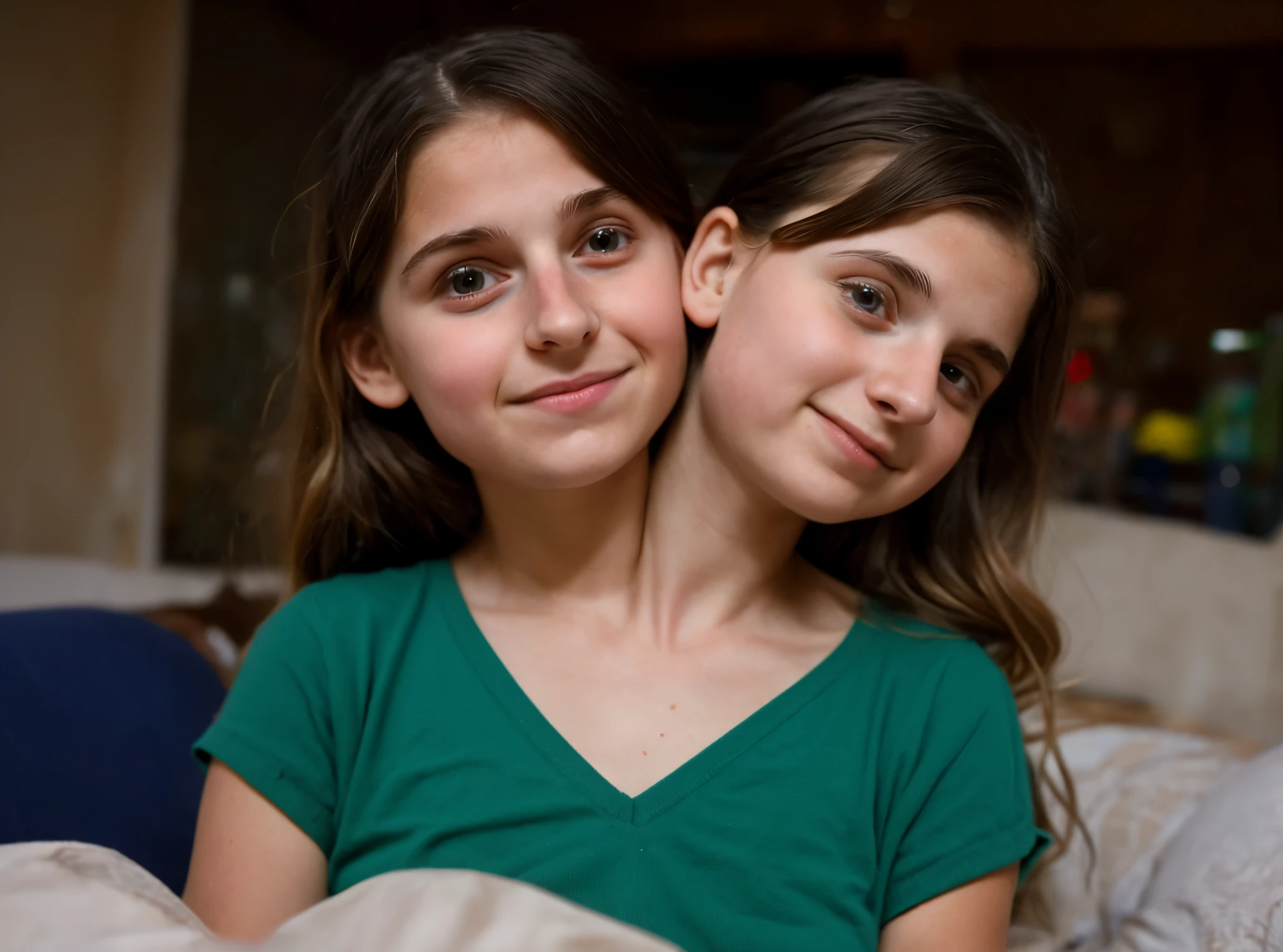 Hay dos chicas sentadas juntas en una cama sonriendo. - SeaArt AI