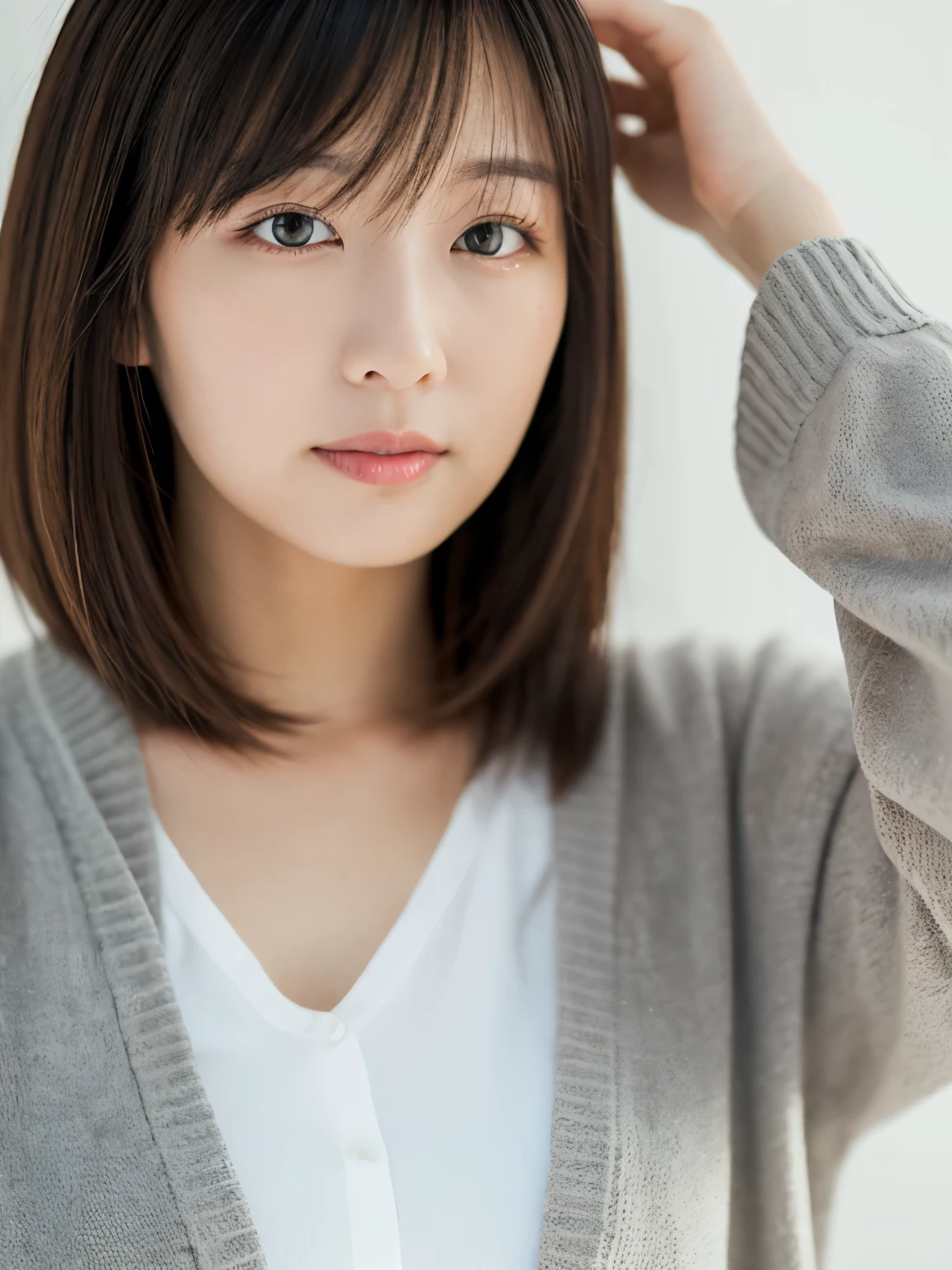 ((masutepiece,top-quality)), (photographrealistic:1.4),((masutepiece,8K)),hight resolution,Studio Soft Light, Rim Lights, vibrant detail, realistic skin textures,Japanese, 1 beautiful woman, Short hair, Wave hair, faint thin bangs, make - up, 38 years, Detailed skin, cardigan, wide-leg pants, White background, White Room,white walls, fully body photo, Looking at Viewer