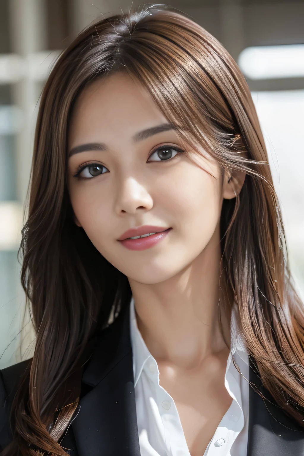 masutepiece, Best Quality, Photorealistic, Ultra-detailed, finely detail, High resolution, 8K Wallpaper, 1 beautiful woman,, light brown messy hair, in a business suit, foco nítido, Perfect dynamic composition, Beautiful detailed eyes, detailed hairs, Detailed realistic skin texture, Smiling, Close-up portrait, Model body type