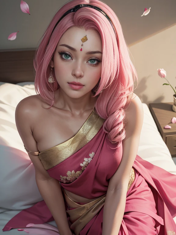 masterpiece, absurdres, sakura\(boruto\), 1girl, solo,mature female, wearing indian saree, saree has black blouse, golden dupatta and golden pallu, looking at viewelling petals), perfect composition, detailed lips, big breast, beautiful face, body propotion, blush, (pink lips), long pink hair, hair over shoulder, Green-eyed, soft gaze, super realistic, detailed, photoshoot, realistic face and body, in bed, view from above