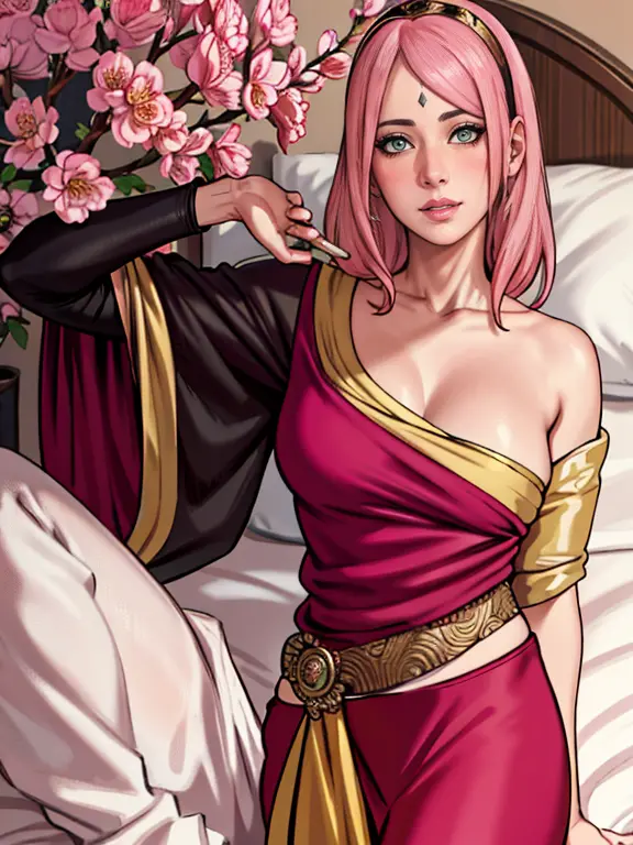 masterpiece, absurdres, sakura\(boruto\), 1girl, solo,mature female, wearing indian saree, saree has black blouse, golden dupatt...