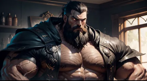 (best quality,ultra-detailed,realistic:1.37),colossal,giant bearded muscle man,imposing,macrophilia,looking down at me with an angry evil face,thick bushy beard,intense gaze,mountainous biceps,hulking frame,rippling muscles,dominant presence,enormous hands...
