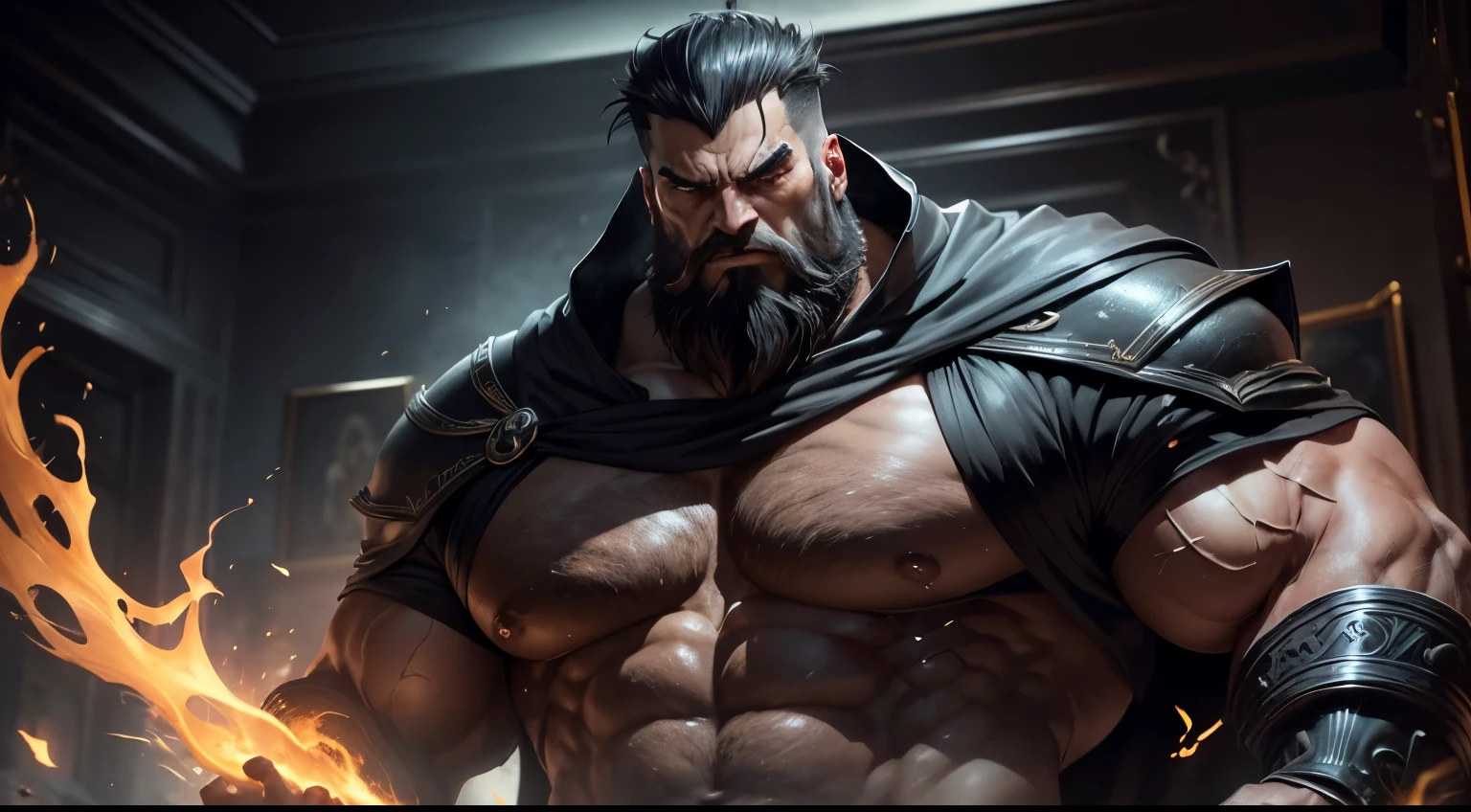 (best quality,ultra-detailed,realistic:1.37),colossal,giant bearded muscle man,imposing,macrophilia,looking down at me with an angry evil face,thick bushy beard,intense gaze,mountainous biceps,hulking frame,rippling muscles,dominant presence,enormous hands and fingers,sculpted jawline,sharp cheekbones,powerful physique,strength radiating from his every pore,dark menacing aura,overwhelming dominance,darkened eyes glaring with fury,wrinkles etched on his forehead,thunderous voice that reverberates through the room,black cloak billowing around him,shadowy figure shrouded in mystery,dark colors accentuating his intimidating presence,ominous background lighting,aura of authority and power,menacing atmosphere,decorative embellishments on the armrests and backrest,large intimidating stature,tense muscles coiled with power,noble and fierce expression,clenched fists exuding strength and determination,aura of arrogant superiority,cold and ruthlessness emanating from his every gesture,detailed veins bulging with strength,eyes filled with fury and malice,dark energy pulsating around him,thunderous footsteps that shake the ground,majestic and brooding,subtle hints of a dark past in his demeanor,enthralling and terrifying to behold.