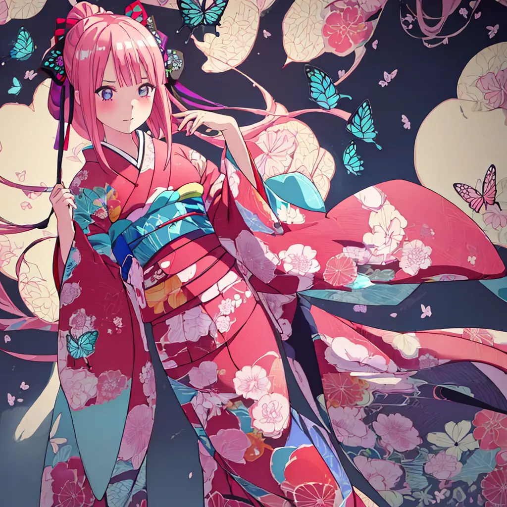 {best quality}, {very aesthetic}, {ultra-detailed}, {best illustration}, one girl, japanese kimono, kimono with butterfly patter...