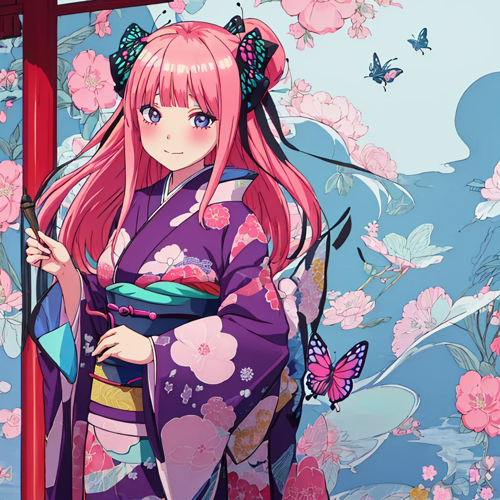 {Best Quality}, {very aesthetic}, {Ultra-detailed}, {Best Illustration}, one girl, japanese kimono, Kimono with butterfly pattern, Pink hair