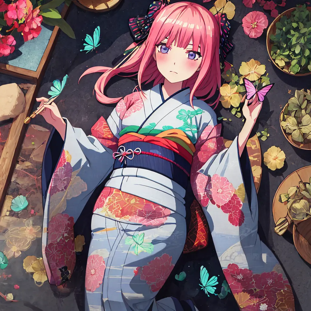 {best quality}, {very aesthetic}, {ultra-detailed}, {best illustration}, one girl, japanese kimono, kimono with butterfly patter...