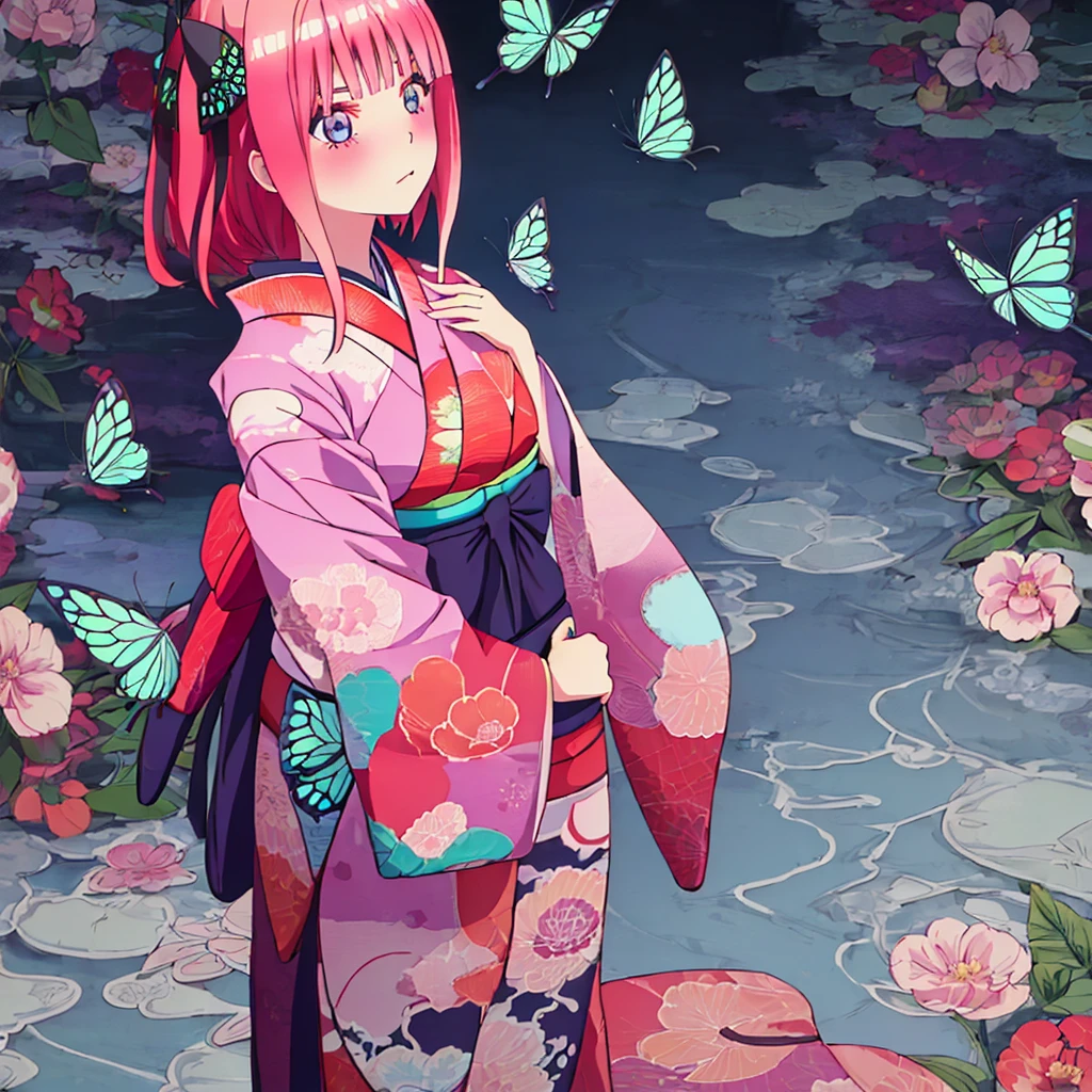 {Best Quality}, {very aesthetic}, {Ultra-detailed}, {Best Illustration}, one girl, japanese kimono, Kimono with butterfly pattern, Pink hair