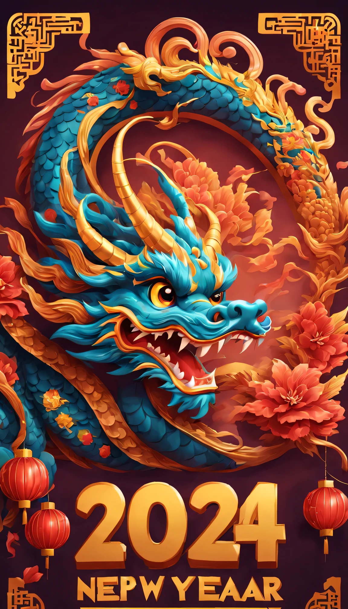 Holiday poster: (2024) new year, com mascot: Cartoon Chinese dragon,Background with: A grand fireworks display lights up the sky,(Best quality at best,4K,A high resolution,tmasterpiece:1.2),ultra - detailed,(actual,photoactual,photo-actual:1.37)