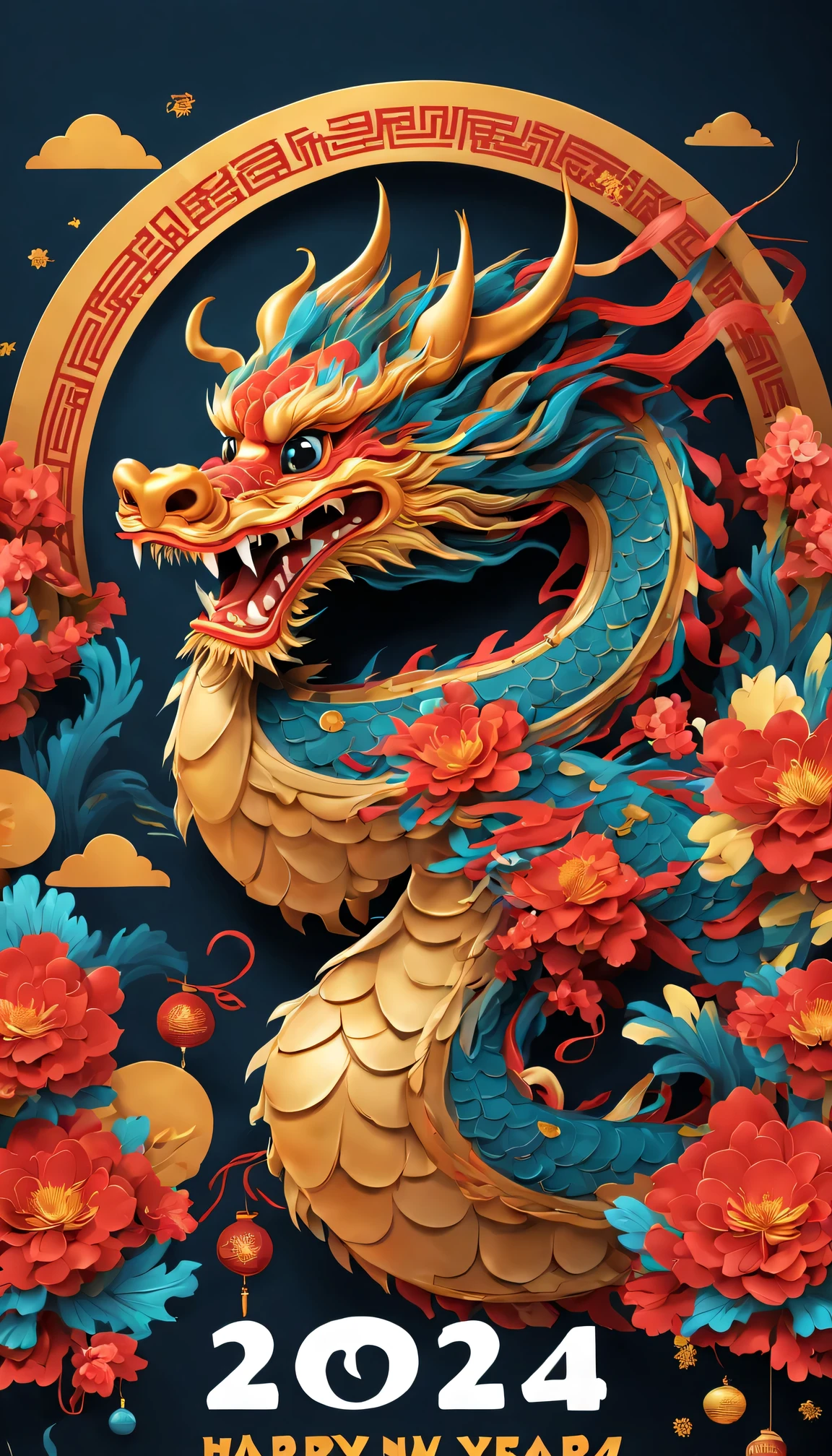 Holiday poster: (2024) new year, com mascot: Cartoon Chinese dragon,Background with: A grand fireworks display lights up the sky,(Best quality at best,4K,A high resolution,tmasterpiece:1.2),ultra - detailed,(actual,photoactual,photo-actual:1.37)