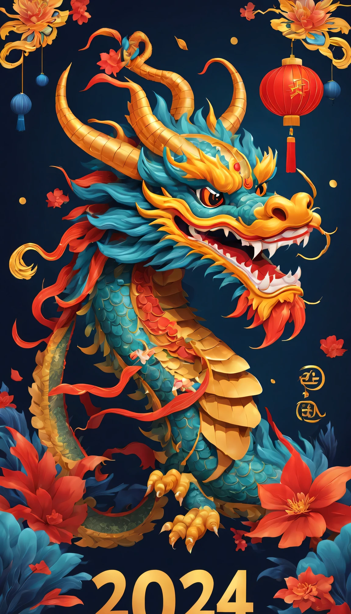 Holiday poster: (2024) new year, com mascot: Cartoon Chinese dragon,Background with: A grand fireworks display lights up the sky,(Best quality at best,4K,A high resolution,tmasterpiece:1.2),ultra - detailed,(actual,photoactual,photo-actual:1.37)