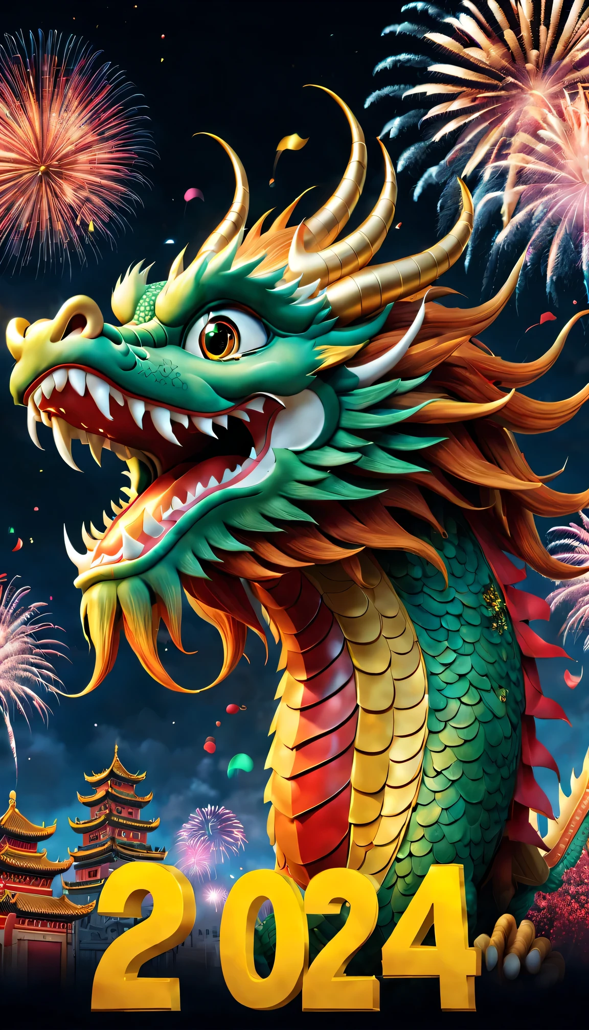 Holiday poster: (2024) new year, com mascot: Cartoon Chinese dragon,Background with: A grand fireworks display lights up the sky,(Best quality at best,4K,A high resolution,tmasterpiece:1.2),ultra - detailed,(actual,photoactual,photo-actual:1.37)