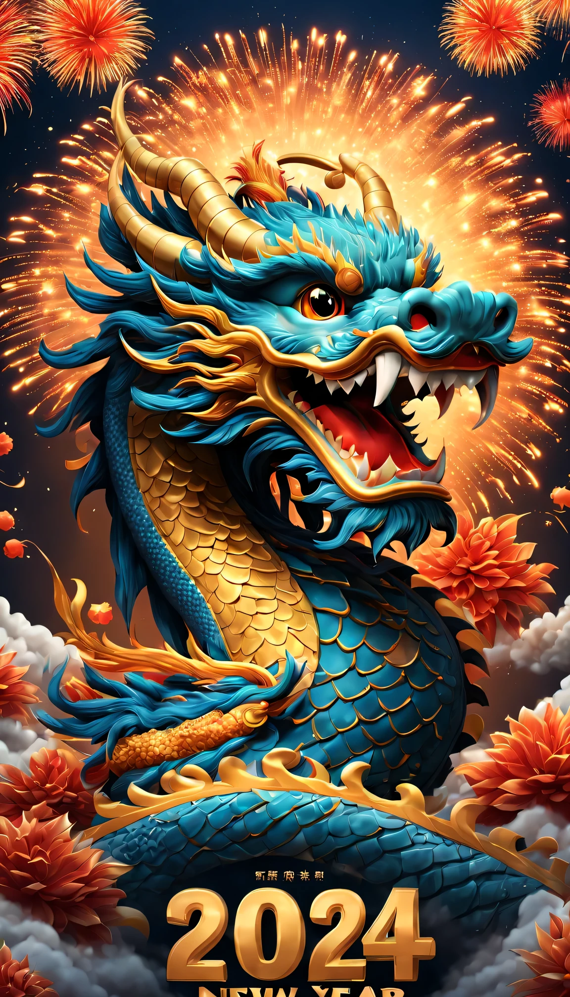 Holiday poster: (2024) new year, com mascot: Cartoon Chinese dragon,Background with: A grand fireworks display lights up the sky,(Best quality at best,4K,A high resolution,tmasterpiece:1.2),ultra - detailed,(actual,photoactual,photo-actual:1.37)