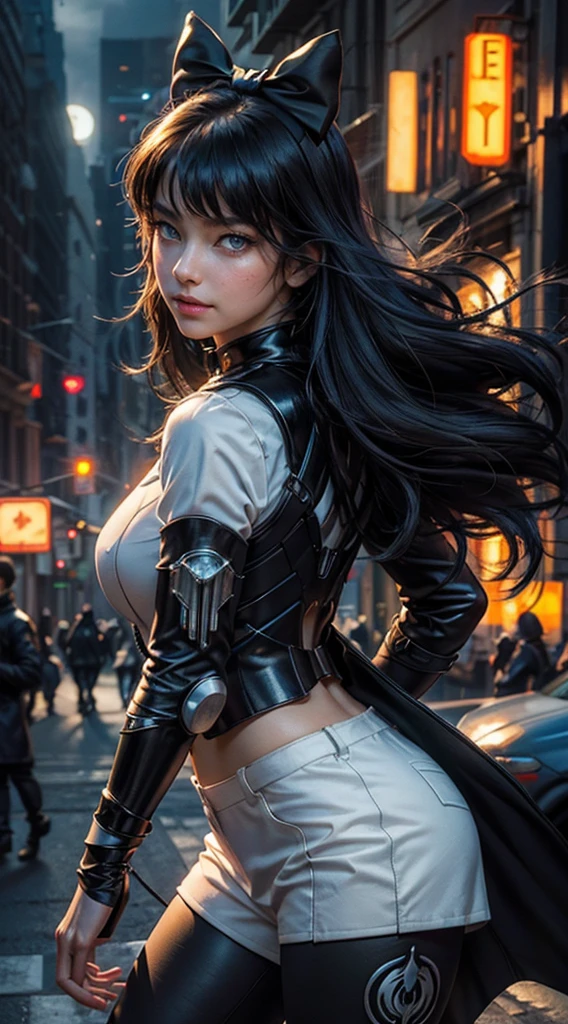 (masterpiece, stunning girlfriend, (standing:1.1), dynamic pose, heart shaped face, elegant face, beautiful face, highly detailed face, highly detailed skin, skin pores, subsurface scattering, realistic pupils, loving smile, looking at viewer, full face blush, full lips, detailed background, depth of field, atmospheric perspective, volumetric lighting, sharp focus, absurdres, realistic proportions, good anatomy, (realistic, hyperrealistic:1.4), 16k hdr (masterpiece, best quality:1.2), cowboy shot, solo, 1girl, blake belladonna, expressionless, closed mouth, looking at viewer, black hair bow, white shirt, detached sleeve, pantyhose, legwear under white shorts, cyberpunk city, neon signs, street, crowd, night, moon, moonlight, street lights, shop lights, car lights