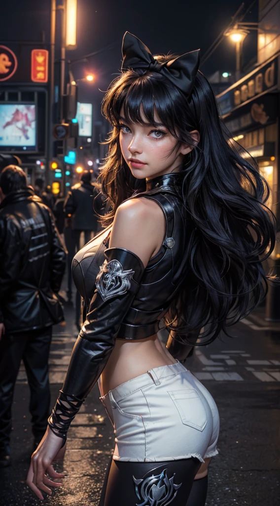 (masterpiece, stunning girlfriend, (standing:1.1), dynamic pose, heart shaped face, elegant face, beautiful face, highly detailed face, highly detailed skin, skin pores, subsurface scattering, realistic pupils, loving smile, looking at viewer, full face blush, full lips, detailed background, depth of field, atmospheric perspective, volumetric lighting, sharp focus, absurdres, realistic proportions, good anatomy, (realistic, hyperrealistic:1.4), 16k hdr (masterpiece, best quality:1.2), cowboy shot, solo, 1girl, blake belladonna, expressionless, closed mouth, looking at viewer, black hair bow, white shirt, detached sleeve, pantyhose, legwear under white shorts, cyberpunk city, neon signs, street, crowd, night, moon, moonlight, street lights, shop lights, car lights