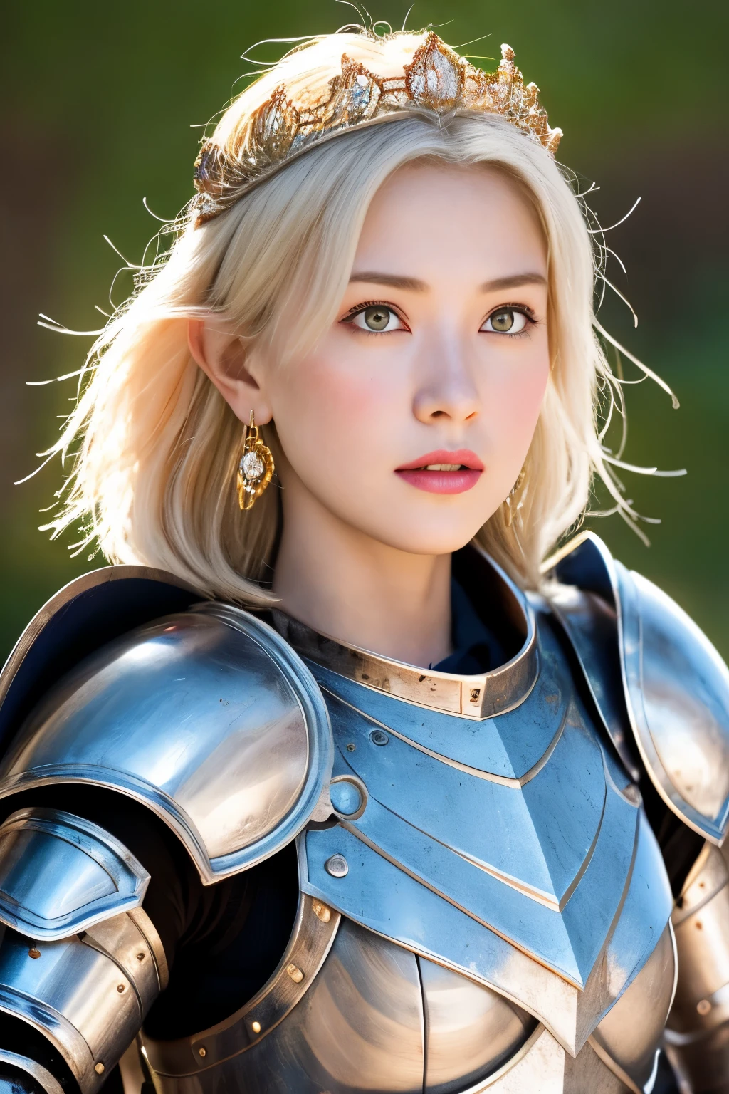 1girl, middle earth Paladin ,Wearing war armor ,enchanted sword and a powerful shield, detail armor, rusty armor, chainmail, queen tiara, fighting goblins to protect innocent villagers, Enchantress, Short, Thin, Square Face, Olive Skin, Platinum Blonde Hair, gold Eyes, Short Nose, Thin Lips, Round Chin, Shoulder-Length Hair, Curly Hair, Blunt Bangs, soft breasts, Huggie earrings, lavender satin lipstick, A volcanic wasteland, with rivers of fire flowing into a molten sea, (close-up:1), (look at viewer),8K, (best quality:1.2), (masterpiece:1.37), (photo, photorealistic:1.37), (ultrahigh-res), photographed by Canan EOS R6, 135mm, 1/1/2.8, ISO 400