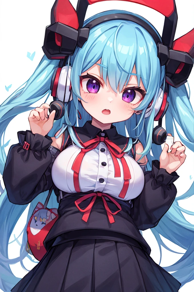 1boys, Alone, tmasterpiece, Best quality at best, absurd res, cute big breasts, Extremely detailed face, perfect litthing,  haka doll 3, Very long hair, Blue hair, a purple eye, hair adornments, Earphone, 校服, pleatedskirt, Be red in the face