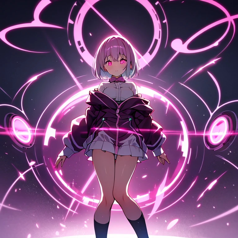 animestyle, (glowing:1.7), akane shinjou, 1girl, solo, young woman, 16yo, short hair, crimson eyes, large_breasts, completely_nude, transparent pink see-through light bands wrapped around body, skindetation:1.3,