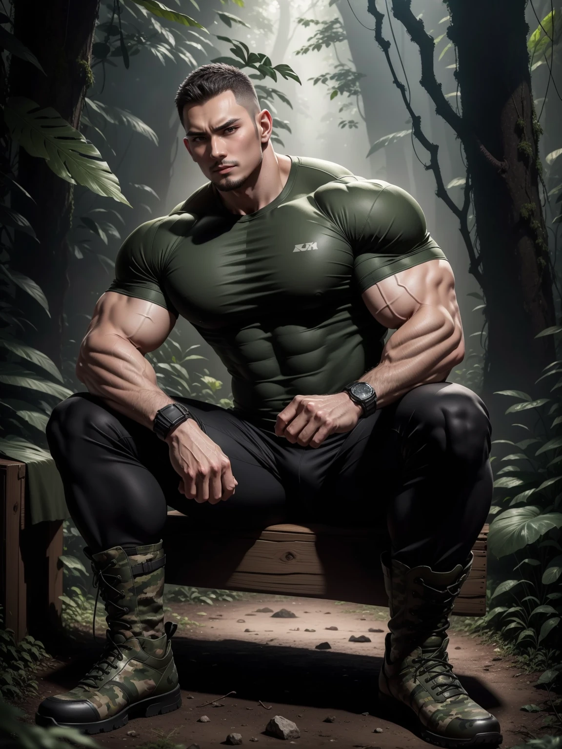 Tall giant muscular man with angry expression sitting in the forest，Dark gray tight camouflage T-shirt，character  design（Resident Evil - Chris Redfield，Chris Redfield）His hairstyle is a crew cut，Wearing dark gray tight camouflage military uniform，Frosted grain texture，Soft and comfortable sofa，Sitting in the eerie cane jungle, The body is wrapped in thick rattan，expression sad，Deep and charming eyes，The male hero with emerald pupils，heroic masculine pose，Tall and burly，Muscular！Charming leg muscles，tall, Burly, and strong， Wearing dark gray camouflage military uniform， Super gain and cool， commission for high resolution， Big feet in black boots，Charming strong man，Bright sunlight shines on the body，The texture of frosted particles is shiny