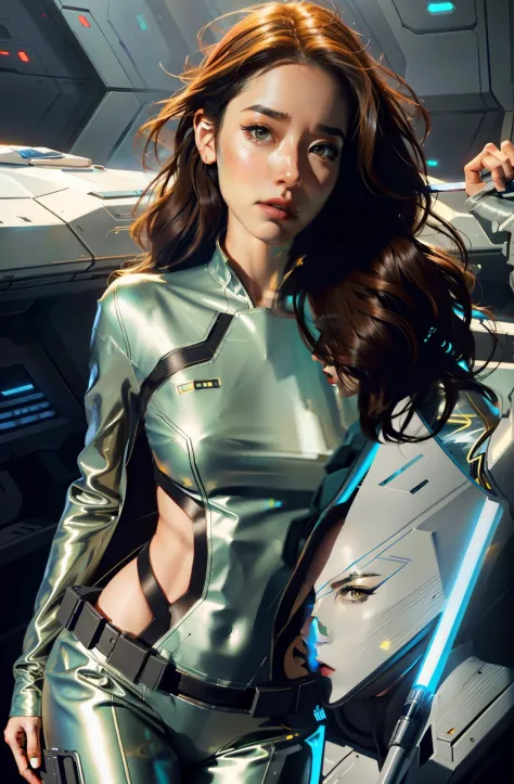 sexy woman in star wars costume posing in front of a spaceship, inspired by Marek Okon, alena aenami and artgerm, style of raymo...