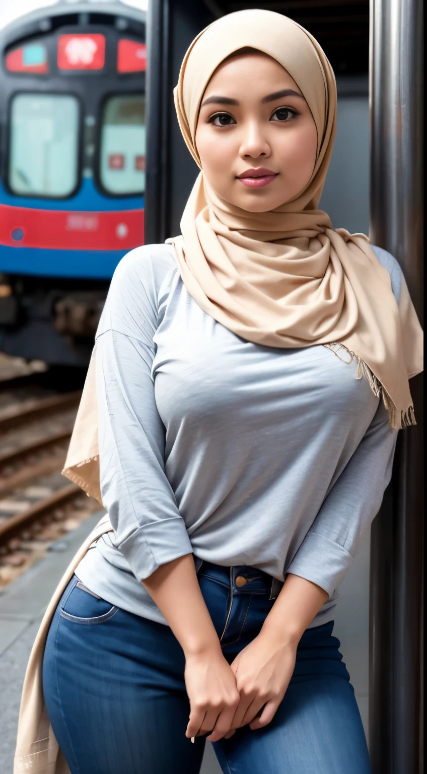 ( Close Up),RAW, Best quality, high resolution, masterpiece: 1.3), beautiful Malay woman in hijab,Masterpiece, perfect fit body, (big breast),big gorgeous eyes, Soft smile,thick thighs, beutifull face,woman in hijab standing in front of a train, white hijab, casual pose, headshot profile picture, wearing casual clothing, wearing a blouse, wearing casual clothes, casually dressed, malay, beautiful female, hijab, taken in the early 2020s ,Excellent lighting, Bright colors, Clean lines