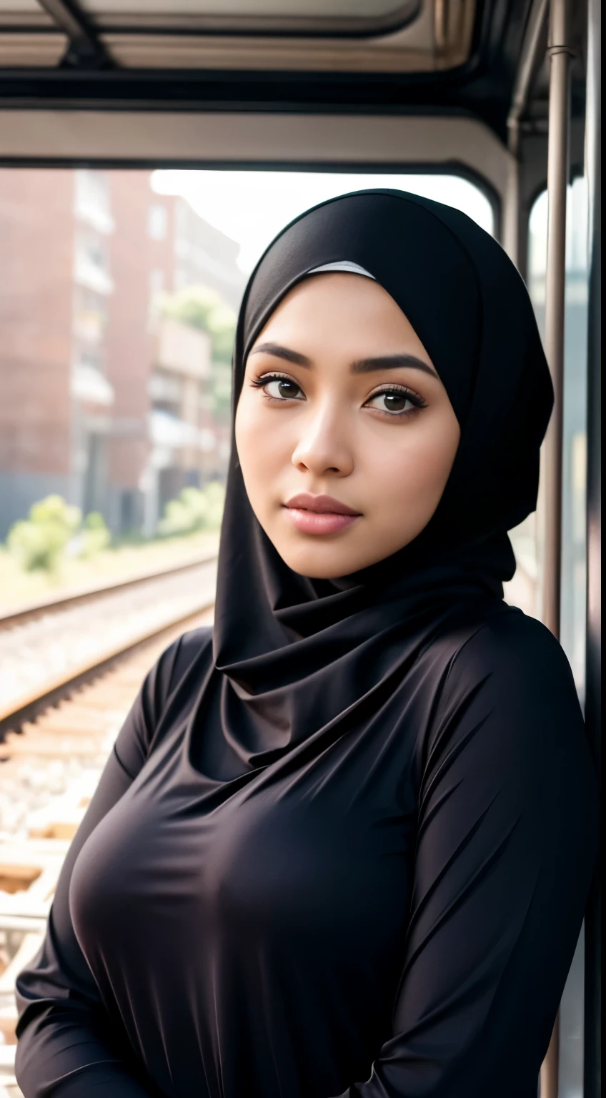 ( Close Up),RAW, Best quality, high resolution, masterpiece: 1.3), beautiful Malay woman in hijab,Masterpiece, perfect fit body, (big breast),big gorgeous eyes, Soft smile,thick thighs, beutifull face,woman in hijab standing in front of a train, white hijab, casual pose, headshot profile picture, wearing casual clothing, wearing a blouse, wearing casual clothes, casually dressed, malay, beautiful female, hijab, taken in the early 2020s ,Excellent lighting, Bright colors, Clean lines