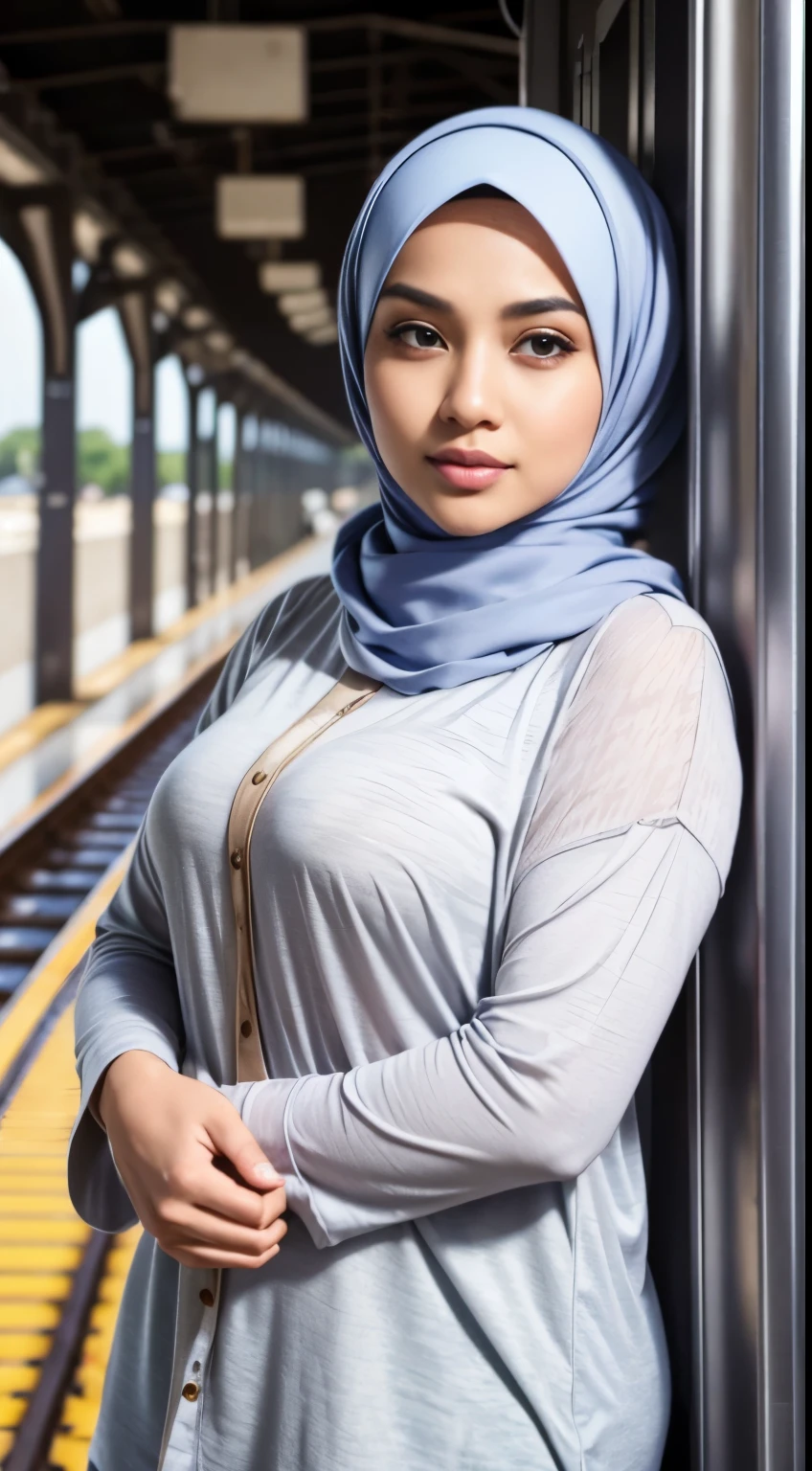 ( Close Up),RAW, Best quality, high resolution, masterpiece: 1.3), beautiful Malay woman in hijab,Masterpiece, perfect fit body, (big breast),big gorgeous eyes, Soft smile,thick thighs, beutifull face,woman in hijab standing in front of a train, white hijab, casual pose, headshot profile picture, wearing casual clothing, wearing a blouse, wearing casual clothes, casually dressed, malay, beautiful female, hijab, taken in the early 2020s ,Excellent lighting, Bright colors, Clean lines