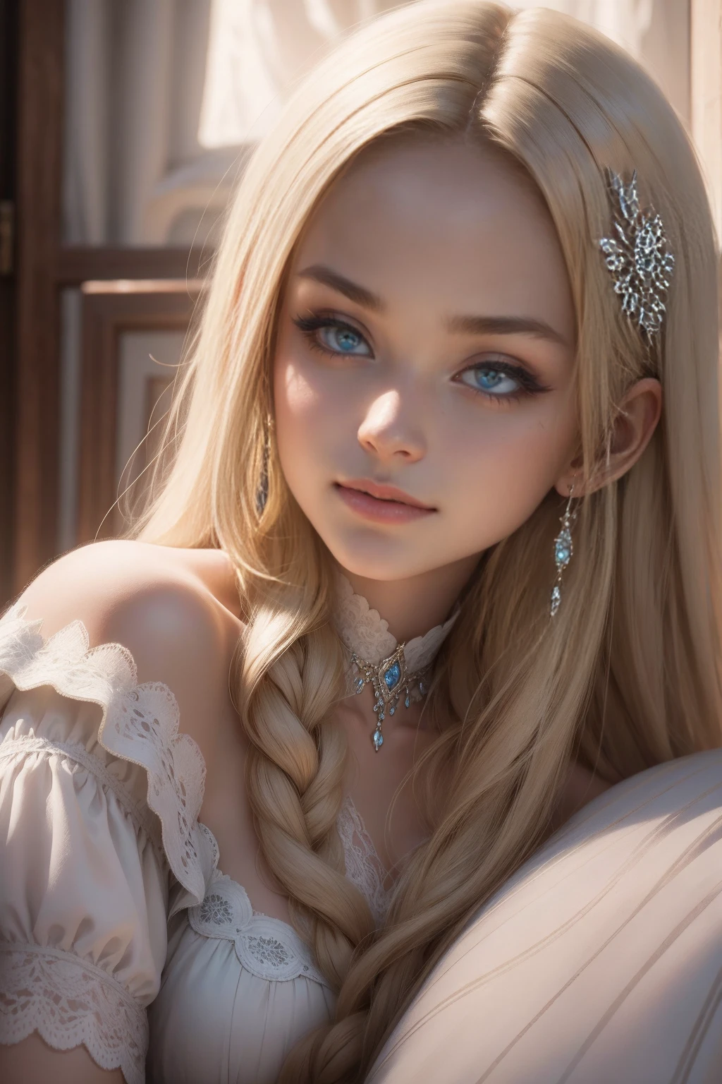 (Masterpiece - Ultra-Detailed, High Resolution) Prepare to be enchanted by a true masterpiece that combines ultra-detailed art with high-resolution rendering. This work shows a mesmerizing girl with long blonde hair (1.3) and captivating light blue eyes (1.2), emanating an aura of elegance and mystery. The intricate details and realistic textures invite you to explore every aspect of this enchanting composition. Girl wearing classic Victorian costumes. Lying in bed, with a mischievous smile. Get ready to dive into a world where beauty and craftsmanship merge perfectly.