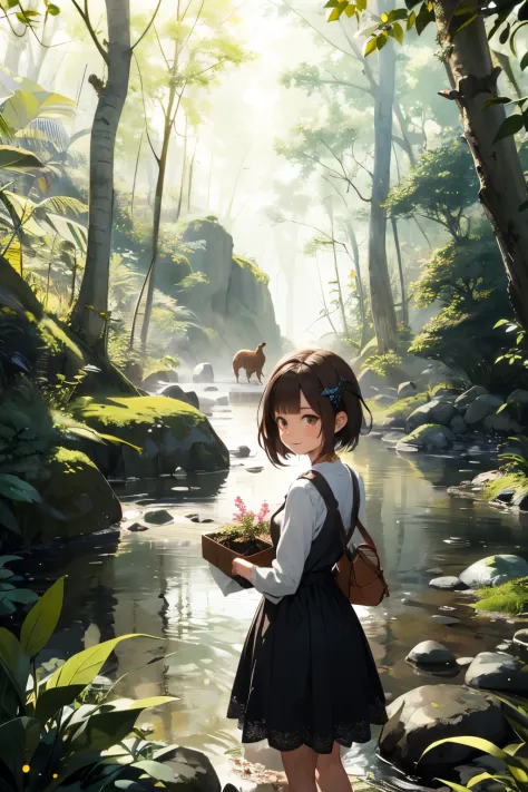 Sofia, outdoors, in the forest, sofia short hair, detailed eyes, brown eyes, brown hair, girl dress, scene of Sofia returning the artifact to the shimmering stream, with plants blooming and happy animals around, animals, happy, friendship