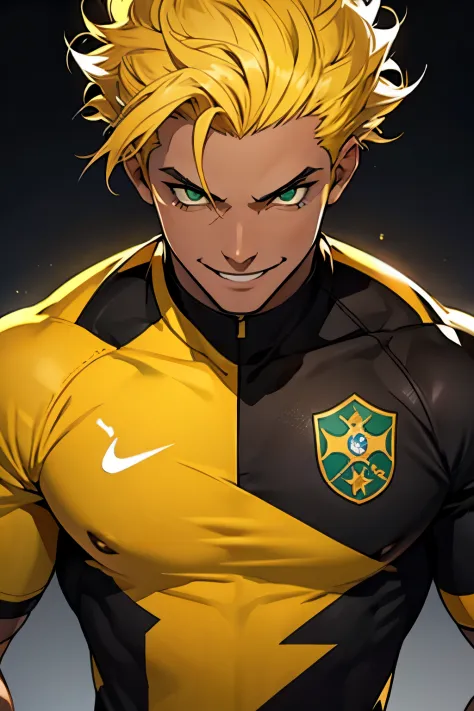 black young man, black and yellow hair, soccer player uniform, smile, tall, beautiful green eyes, short hair, curly hair, arm ta...