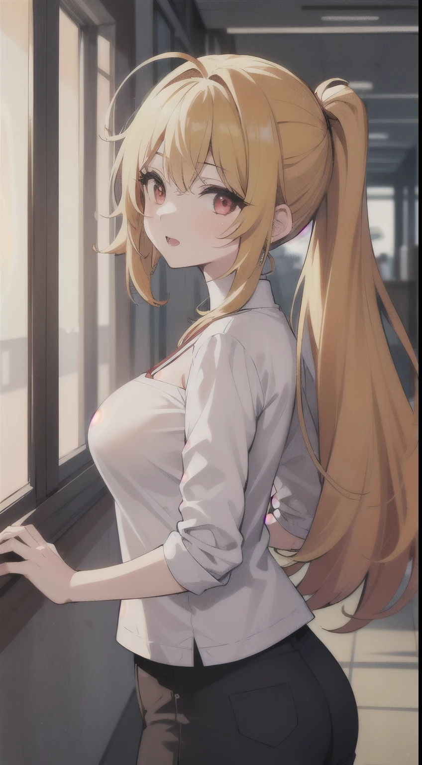 A woman with long blonde hair standing in front of a window - SeaArt AI