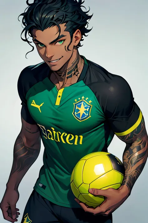 black young man, black and dark blue hair, soccer player uniform, smile, tall, beautiful green eyes, short hair, curly hair, arm...