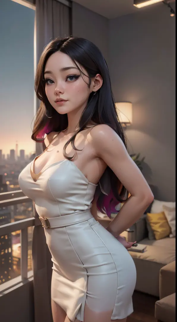 photo of Jeannie Lee, RAW, beautiful woman, ((portrait)), ((detailed face:1.2)), ((detailed facial feature, detailed skin, clear skin), (perfect proportioned body), arched back, poking nipples, (wearing a colorful sexy dress) (high detailed city environmen...