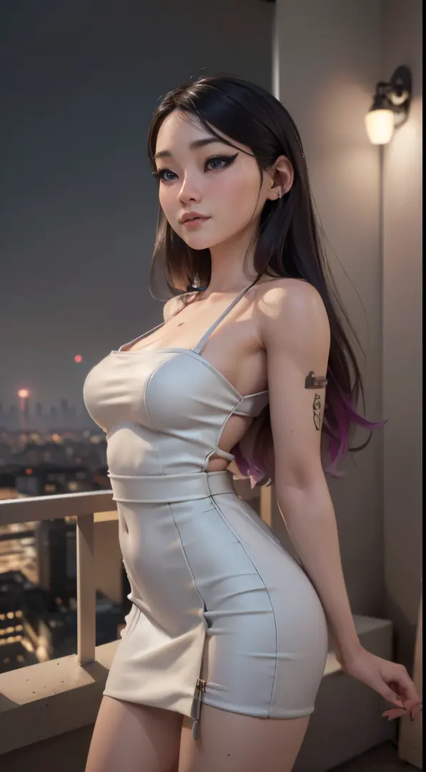 photo of Jeannie Lee, RAW, beautiful woman, ((portrait)), ((detailed face:1.2)), ((detailed facial feature, detailed skin, clear skin), (perfect proportioned body), arched back, poking nipples, (wearing a colorful sexy dress) (high detailed city environmen...
