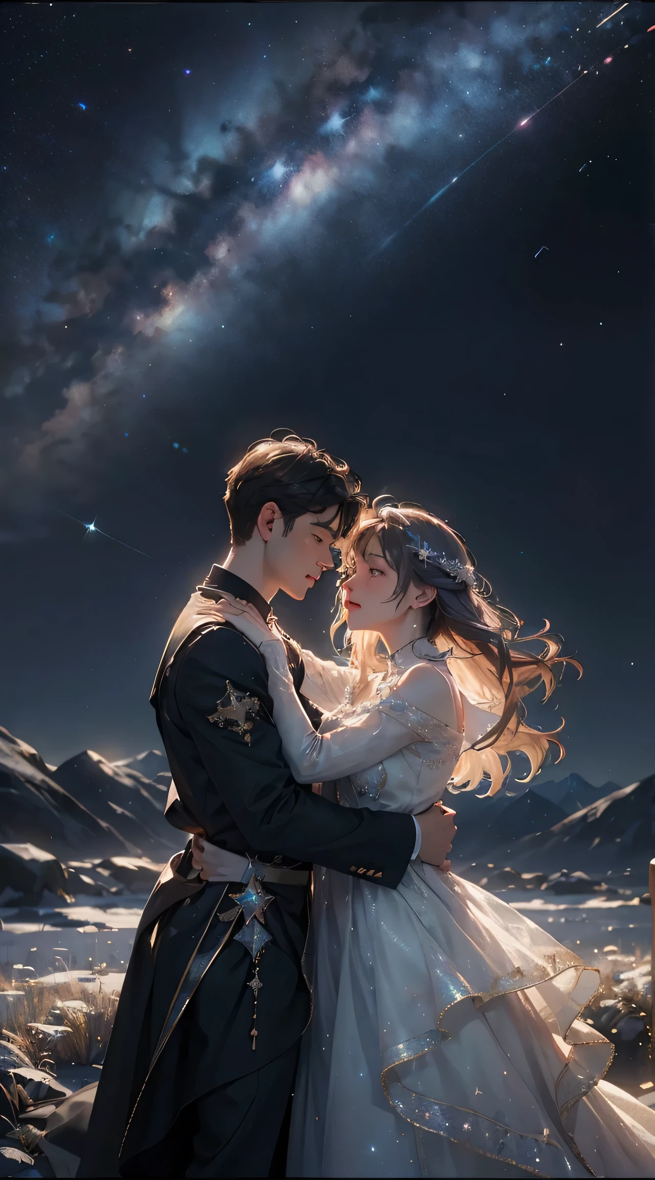 A man and a woman stand together, Under the dazzling starry sky. (Best quality at best, A high resolution, ultra - detailed), (current, photocurrent), sportrait, romantic, vivd colour, Long exposure photography, Beautiful and delicate eyes, gentle expressions, starry atmosphere, Cosmic connection, peaceful tranquility, Gentle hugs, infinite love, stunning views, Milky Way across the night sky, The stars shine like diamonds, The air is full of magic, The soft moonlight casts a dreamy glow, Intimate moments frozen in time, The universe is their witness.