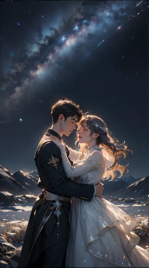 A man and a woman stand together, Under the dazzling starry sky. (Best quality at best, A high resolution, ultra - detailed), (a...