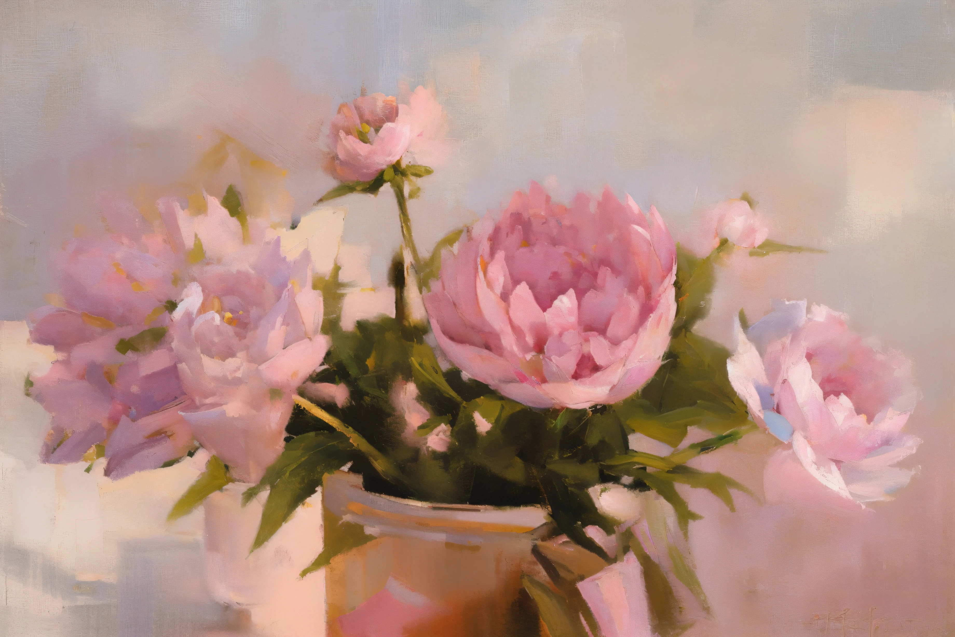 There are many pink and white flowers in the vase, Peonies, Peonies flowers, Peonies, many Peonies, Peonies flower, light pink tonalities, the platonic ideal of flowers,and the sun was shining brightly, oil painted, Impresionismo, author：Ilya Ostrokhov, Pleasant