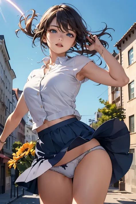 (drooping eyes, realistic skin), (((show off her panties with energy and freshness))), well-being, summer sky, buildings, clothes, skirt, rhythm,