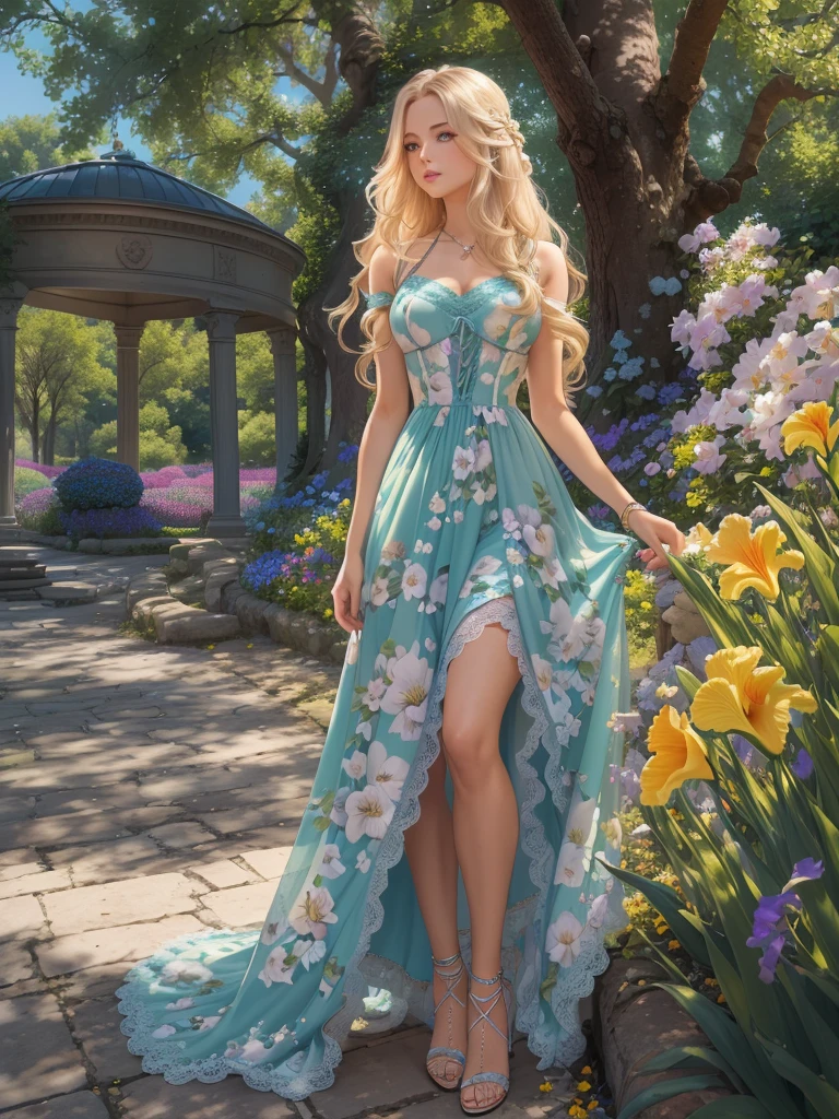 masterpiece, complimentary  solid outline colors,  spectacular quality, summer, European woman, stylish+long blonde hair,      wearing a floral long  front lace_up dress ,  lace trimming ,the skirt of the dress a sheer fabric, on her feet are a pair of sandal high heels,  angular posing, pay alot of impressive attention  by detailing her face, she is on an calming stroll in the park, in the background are: oak trees, tall beautiful weeping willows, lush greenery, nice clear blue skies, seen in the image is her whole form, with a full body portrait shot, a couple of compact pretty decorative colorful florals, iris, buttercup, flower lily, flowers tulip, light to semi-dark color scheme accent colors:ivygarden, second accent color:mimesia blue, this palette has neutral cool to warm color temperature