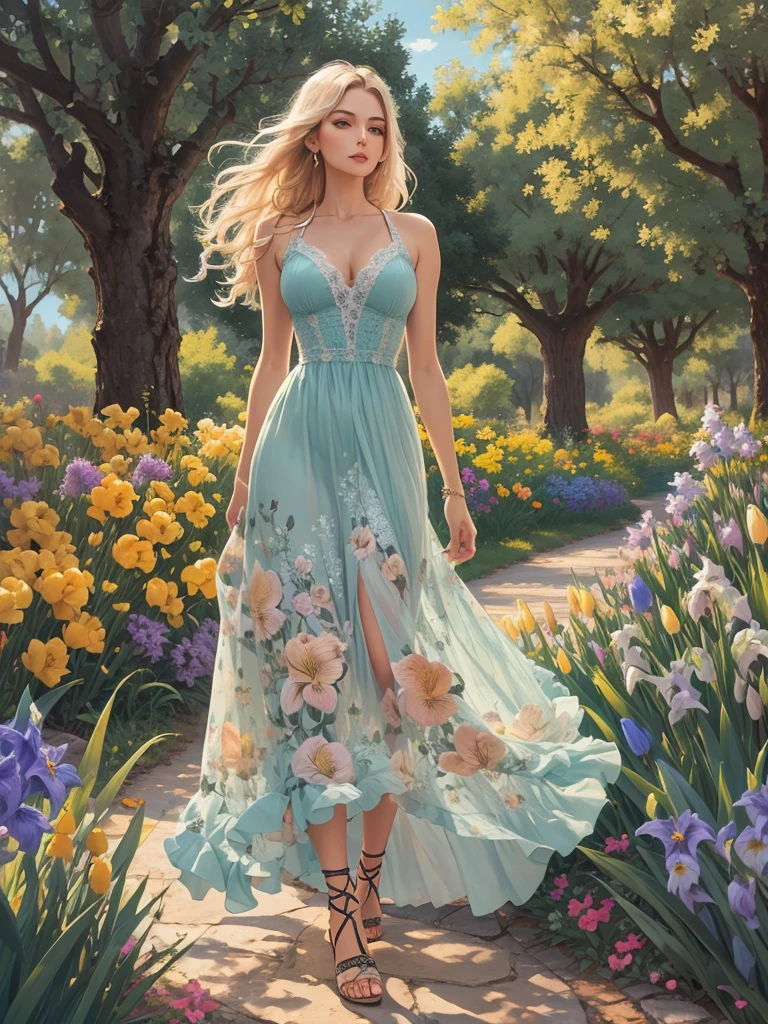 masterpiece, complimentary  solid outline colors,  spectacular quality, summer, European woman, stylish+long blonde hair,      wearing a floral long  front lace_up dress ,  lace trimming ,the skirt of the dress a sheer fabric, on her feet are a pair of sandal high heels,  angular posing, pay alot of impressive attention  by detailing her face, she is on an calming stroll in the park, in the background are: oak trees, tall beautiful weeping willows, lush greenery, nice clear blue skies, seen in the image is her whole form, with a full body portrait shot, a couple of compact pretty decorative colorful florals, iris, buttercup, flower lily, flowers tulip, light to semi-dark color scheme accent colors:ivygarden, second accent color:mimesia blue, this palette has neutral cool to warm color temperature