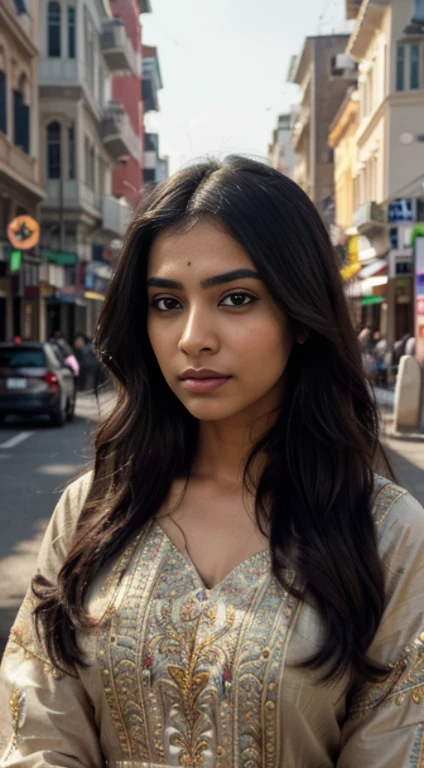 ultra-realistic photographs,Indian Instagram female model,mid 20s,9:16,mid-shot,beautiful detailed eyes,detailed lips,longeyelashes,long black wavy hair, naturally full eyebrows,perfectly formed nose,expressive face,attractive appearance,candid photo,vibrant and colorful frock, heavily embroidered, golden hour street background, serene atmosphere,stunning architecture,soft and natural lighting,vivid colors,photorealistic,HDR,highres,studio lighting,ultra-detailed,bokeh,fully covered clothes