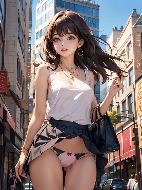 (drooping eyes, realistic skin), (((show off her panties with energy and freshness))), open-minded woman, well-being, bold-slut, nipples-outlines are visible from over shirt, summer sky, buildings, clothes, skirt, rhythm, tiny earrings, thin necklace, bag,...