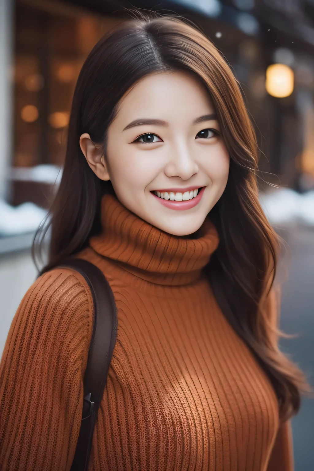 The face of the hostess、turtleneck wool sweater、hiquality、A hyper-realistic、healthy、Smiling expression、Slender perfect figure、Japan Beauty、 perfect eyes beautiful skin、The upper part of the body、Snowy city