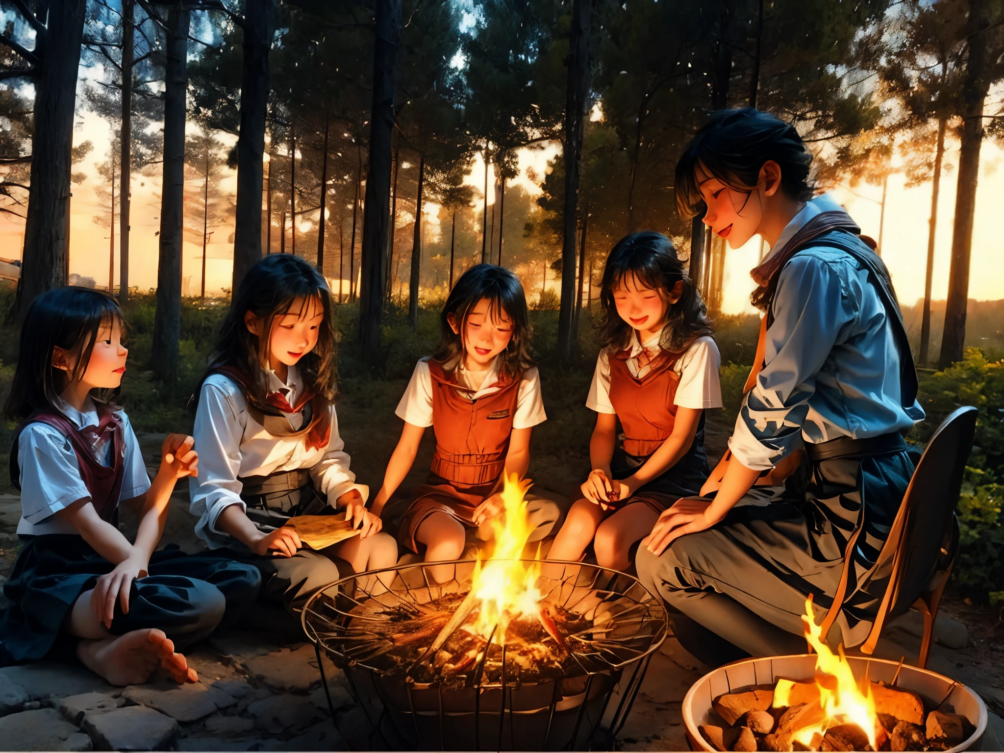 Lagerfeuer, Waldschule, Kinder lernen, Geschichtenerzählen, Naturverbindung, Outdoor-Bildung, spielerisches Erkunden, neugierige Köpfe, gemütliche Atmosphäre, flackernde Flammen, Knistergeräusche, glühende Glut, Marshmallows rösten, Geschichtenerzählen circle, Fantasie Funken, Kichern und Lachen, Freundschaftsbande, strahlende Gesichter, sternenklarer Himmel, Mondnacht, leichte Briese, Zauberhafter Wald, hoch aufragende Bäume, raschelnde Blätter, Geflecktes Sonnenlicht, erdige Düfte, Vogelgesang, Sinneserfahrung, praktisches Lernen, Kreativität wecken, wonder and awe, die Natur umarmen, Abenteuer und Entdeckung, lebenslange Erinnerungen. (beste Qualität, ultra-detailliert), HDR, lebendige Farben, warme Töne, sanfte Beleuchtung, verträumtes Ambiente.