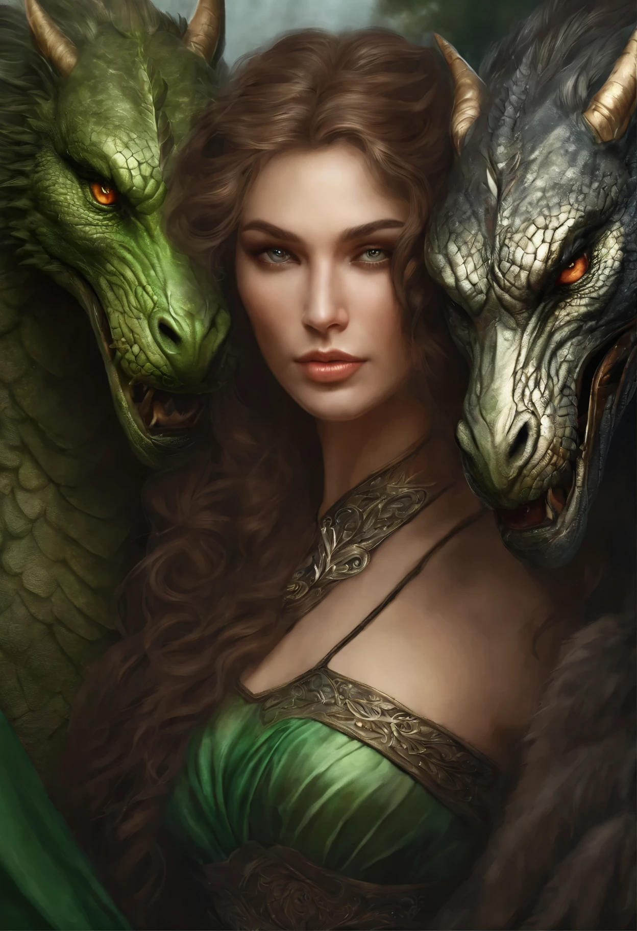 close-up of a green-eyed woman with brown curls, hugging a gray-haired man, Girl with brown hair + Gray-haired man, epic fantasy style art, dark fantasy style art, detailed fanart, Portrait in fantasy style, artistic portrait in epic fantasy style, graphic artist magali villeneuve, мужской Portrait in fantasy style, The Man with the Soul of a Dragon, epic fantasy style art, epic fantasy digital art style